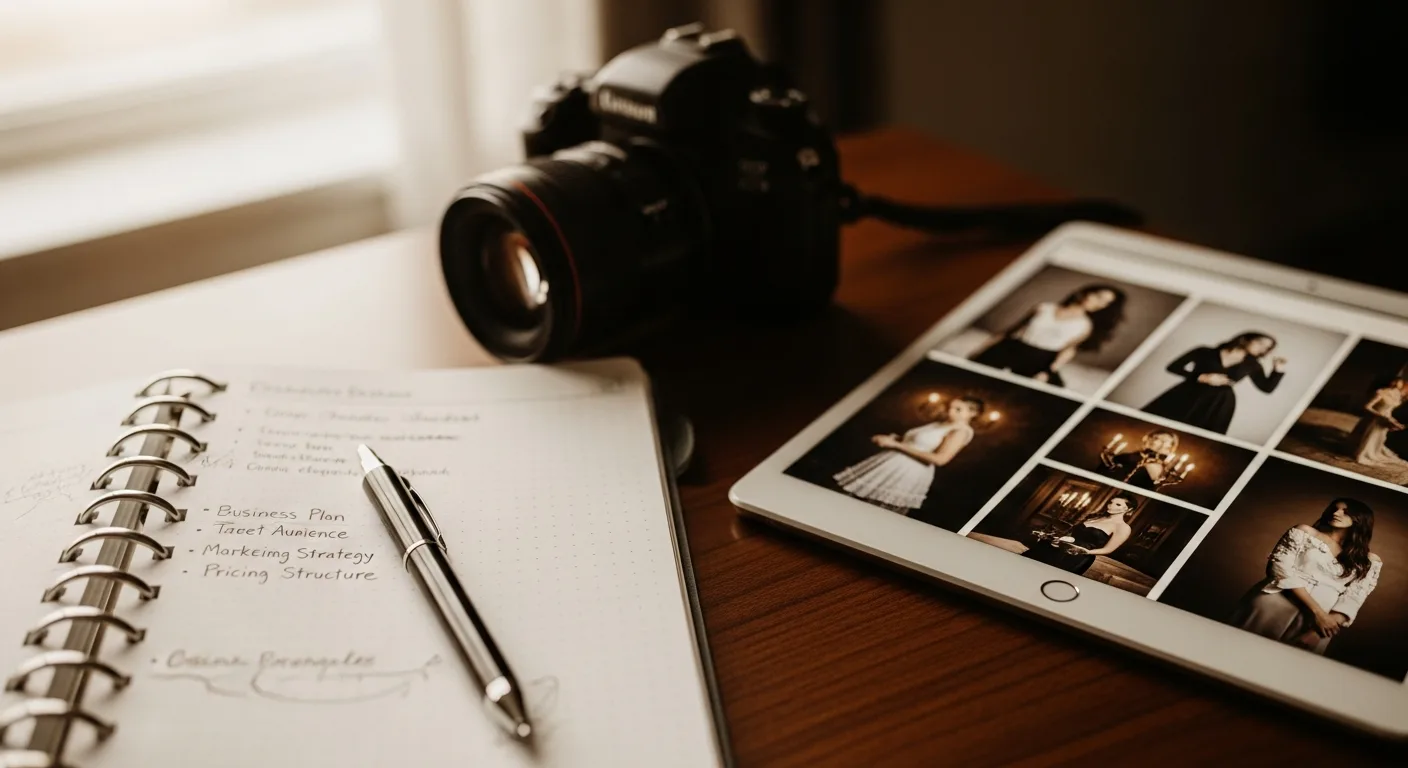 Boudoir photographer reviewing contracts and legal documents at desk
