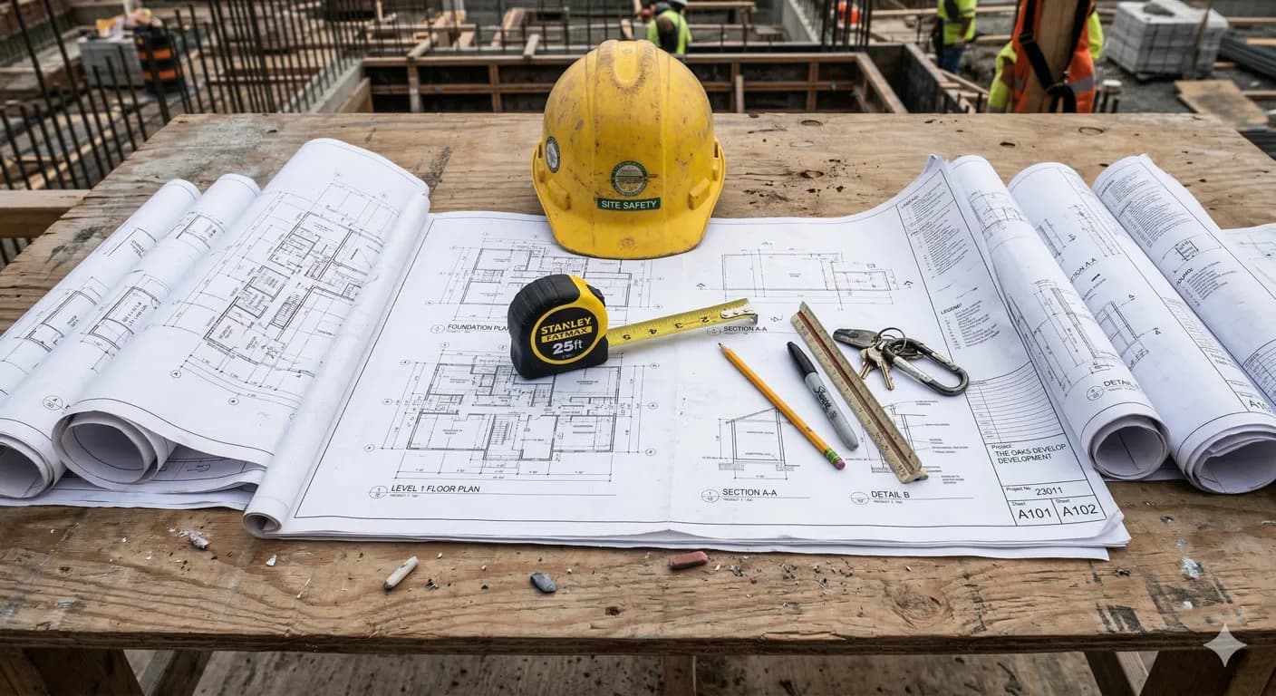Construction blueprints and estimating materials on a desk