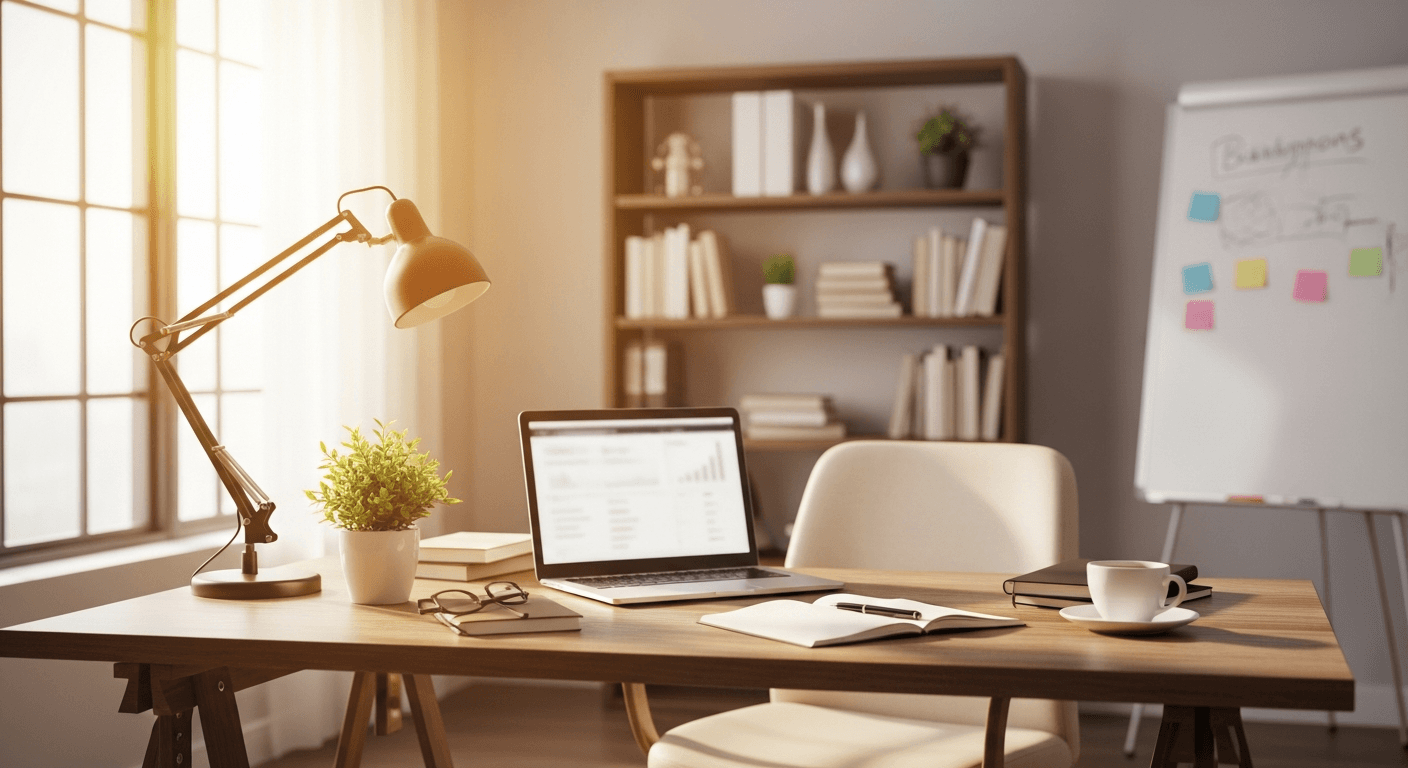 Woman working on laptop from home office setting up her new business