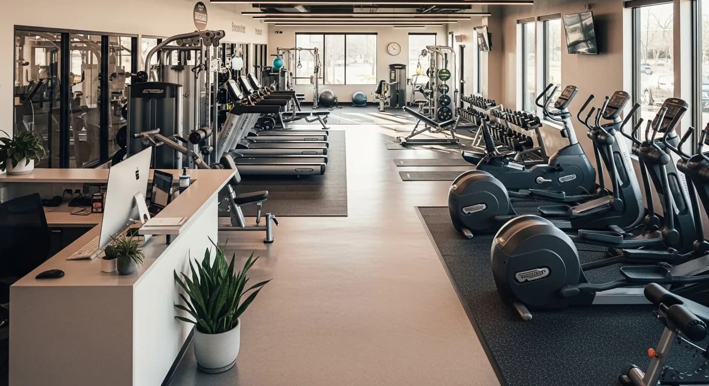 Fitness studio owner reviewing business plan documents with financial projections and equipment layout plans