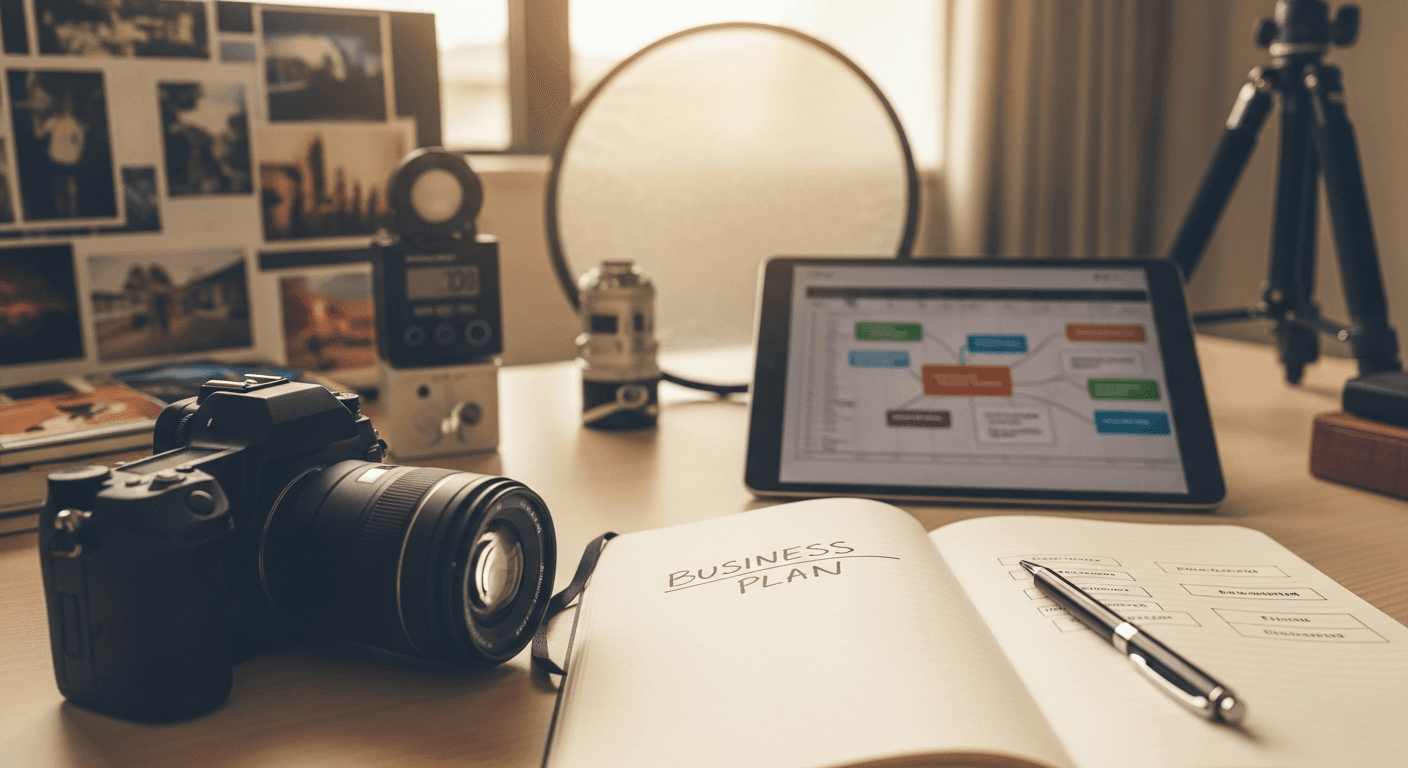 Professional photographer reviewing business plan while setting up camera equipment
