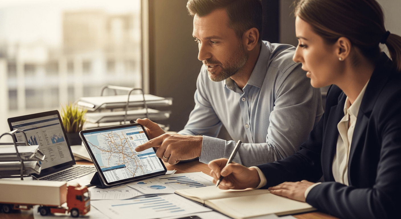 Transportation business plan documents spread on desk with financial projections and licensing paperwork