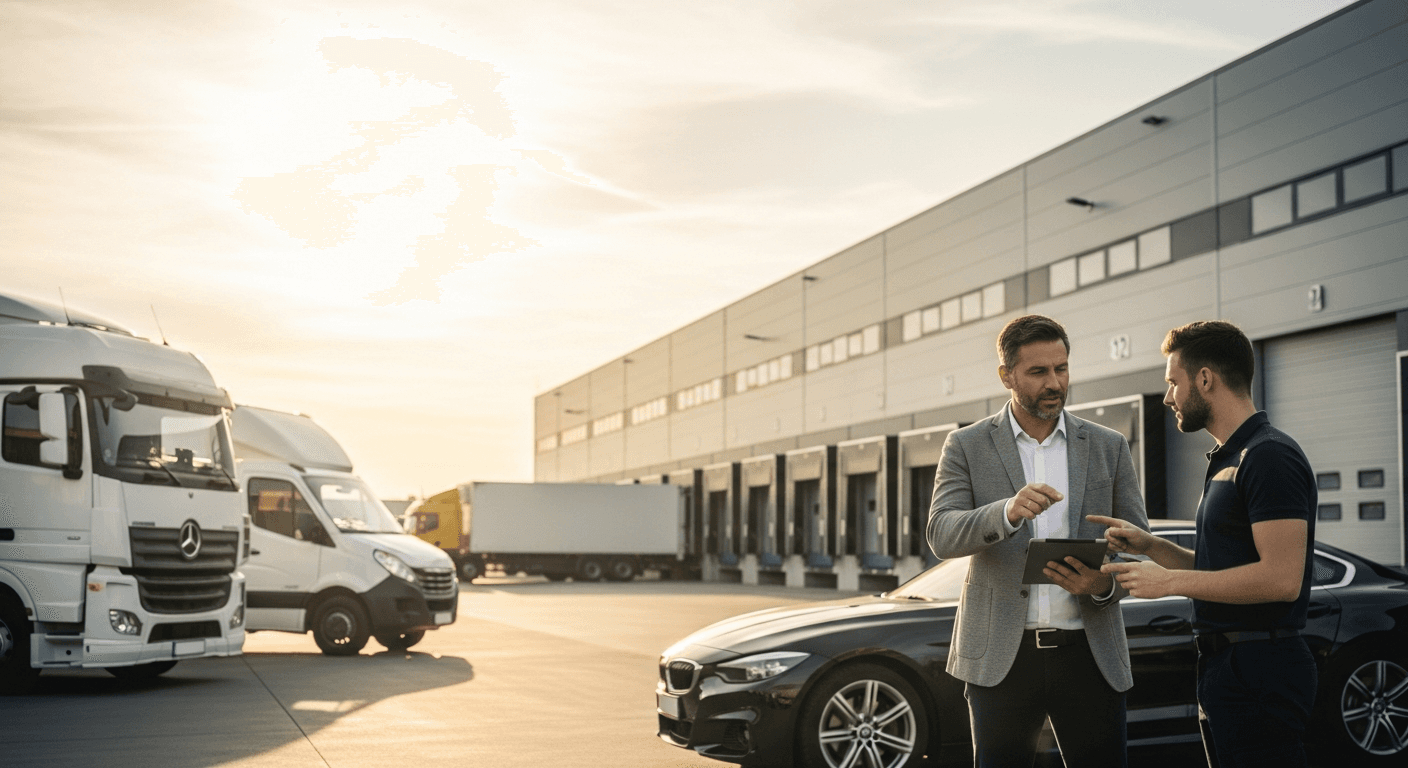 Transportation business owner reviewing delivery routes and fleet management on tablet