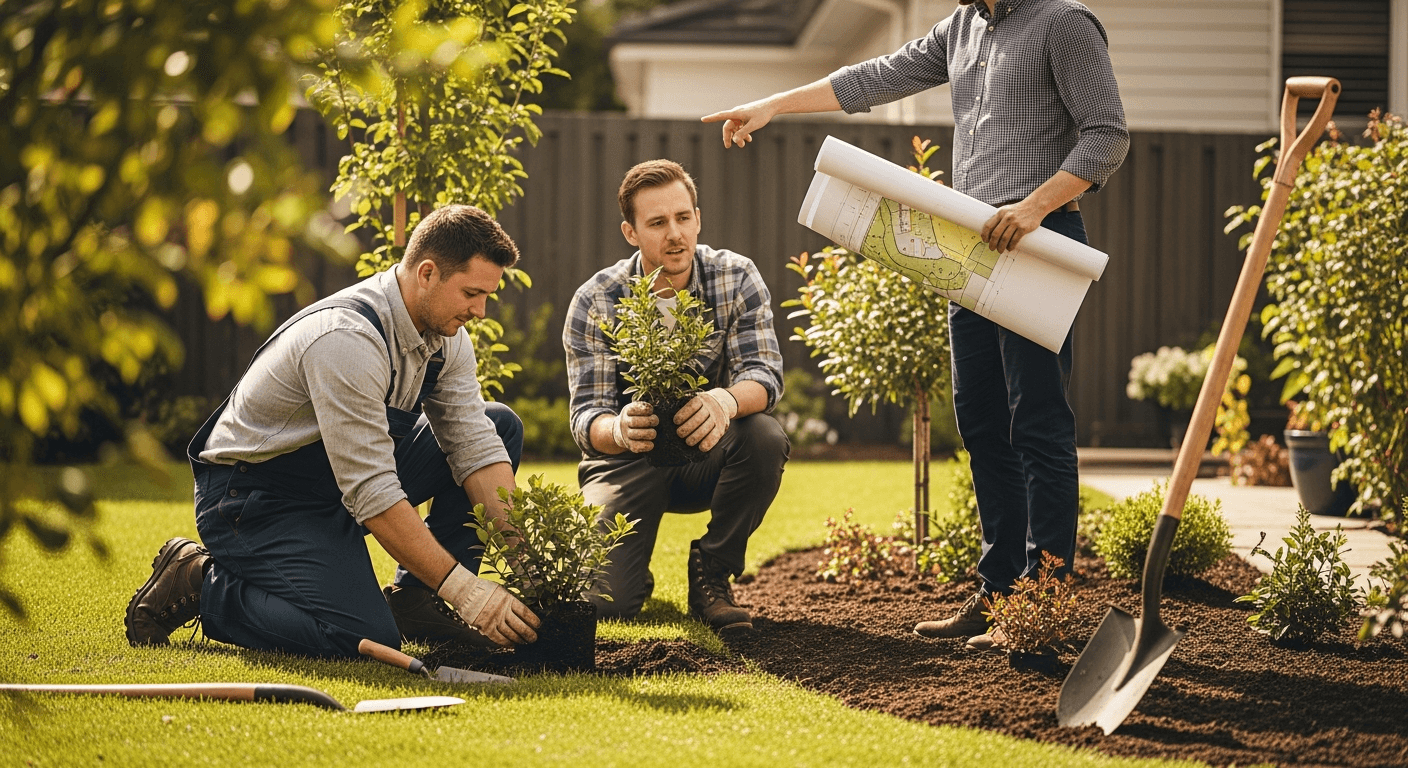 Landscaper providing maintenance service on residential lawn