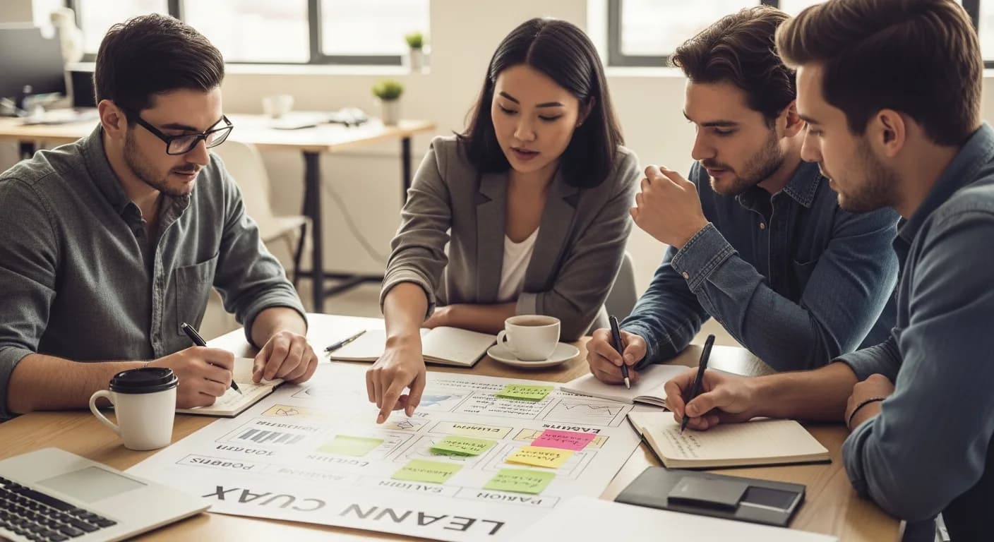 Team collaborating on a lean canvas during a strategy session with colorful sticky notes