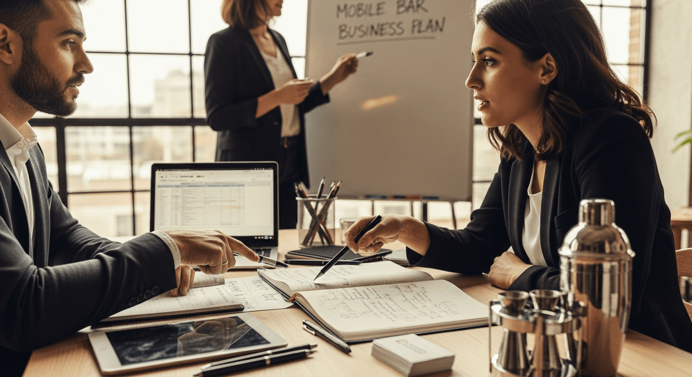 Mobile bar business owner calculating profits and reviewing event bookings on laptop