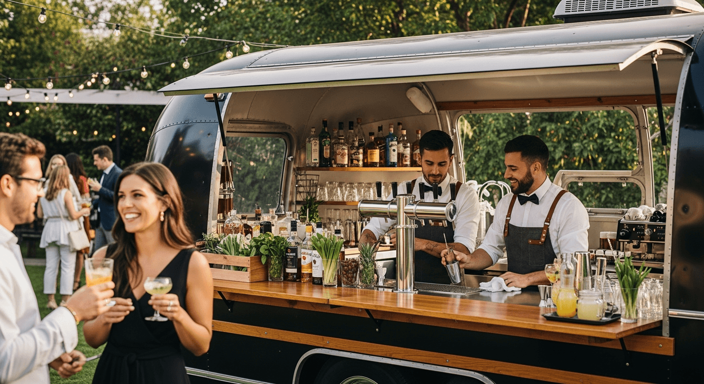 Mobile bar setup with professional equipment and bartender serving cocktails at outdoor event