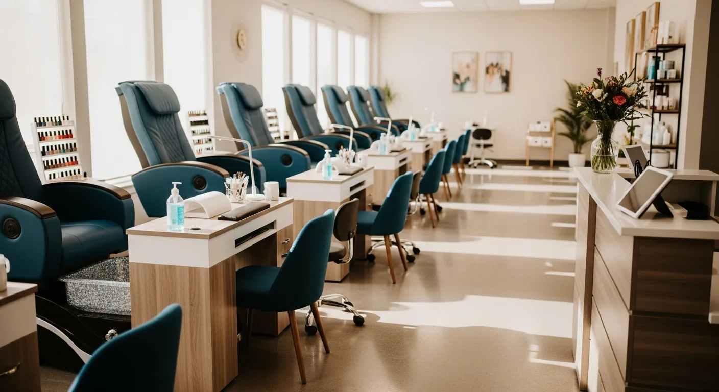Professional nail salon interior with modern equipment and comfortable seating