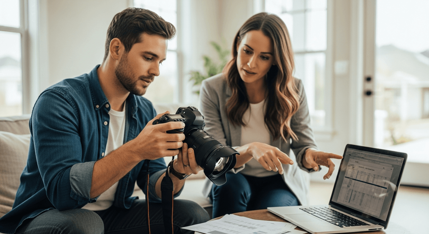 Professional real estate photographer discussing shoot details with a real estate agent at a property