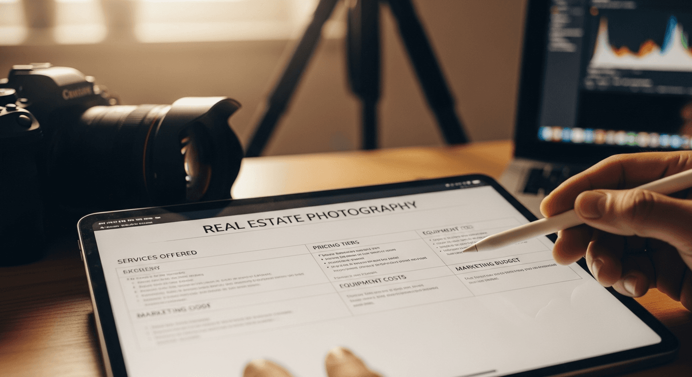 Real estate photography equipment setup including camera, tripod, and lighting gear