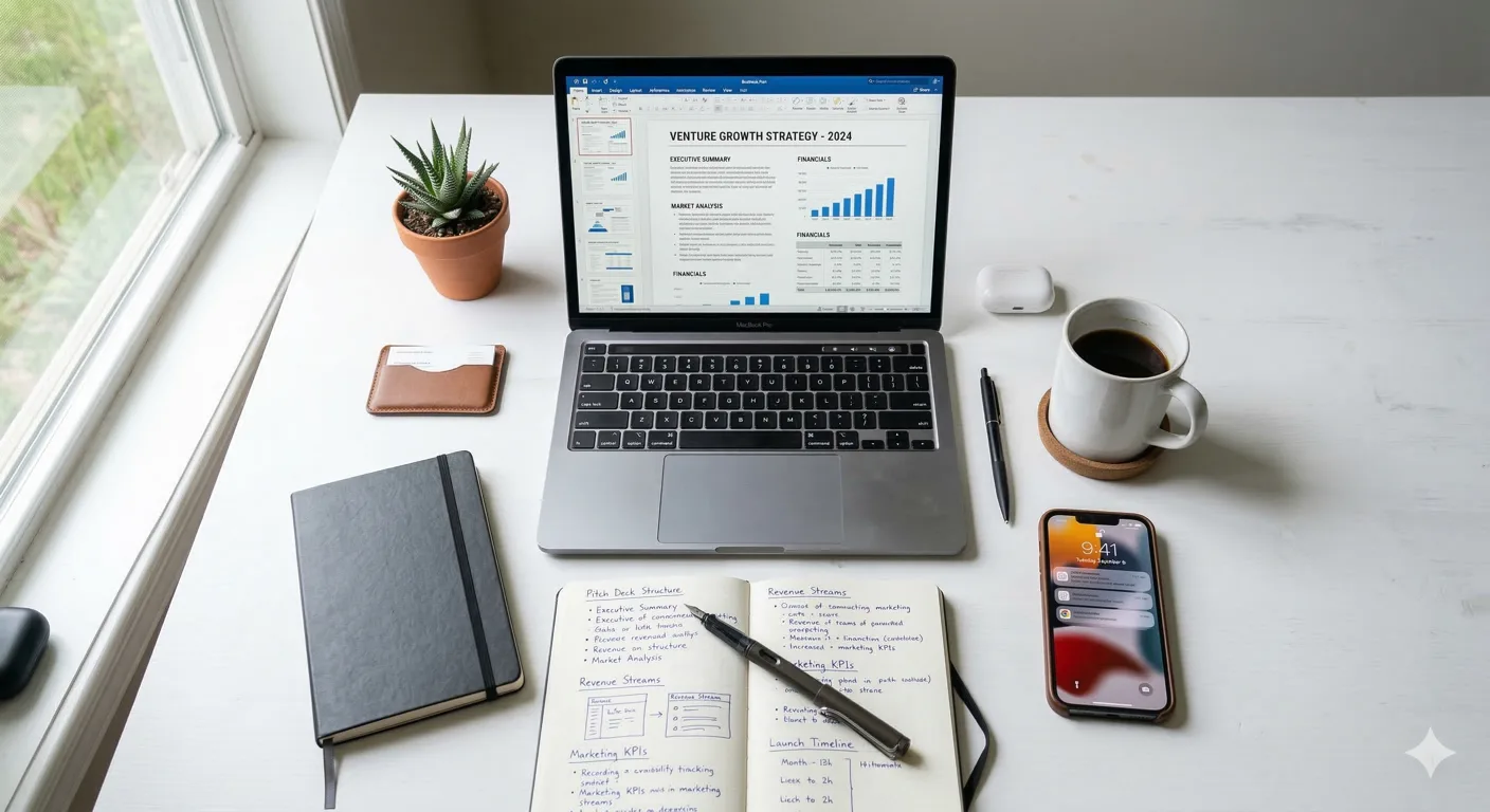 Entrepreneur workspace with laptop and notebook