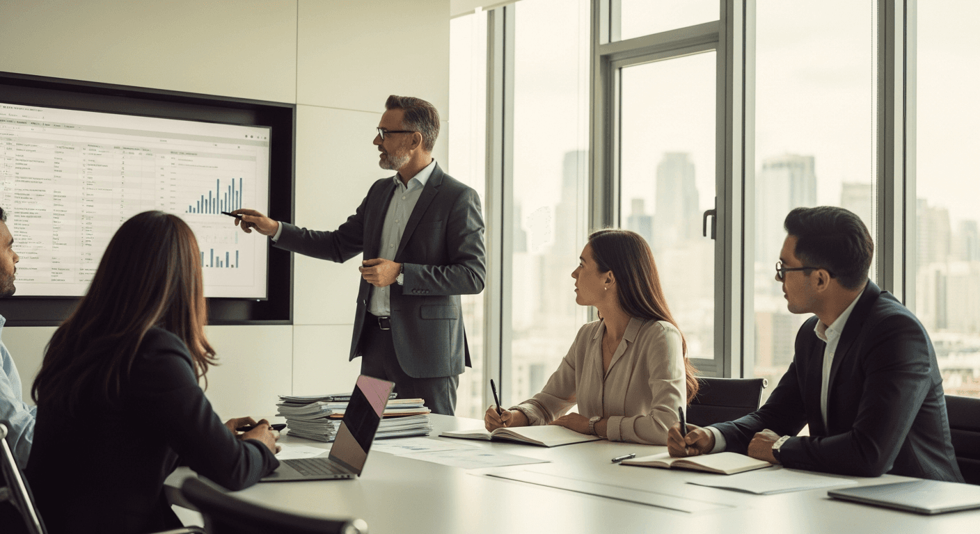 Startup due diligence checklist documents spread across a conference table with investors reviewing financial statements