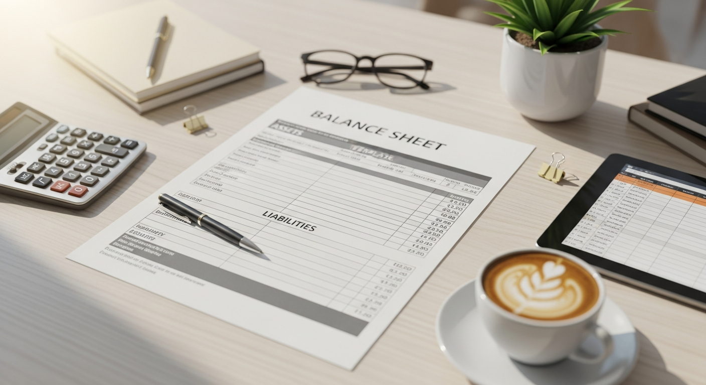 Balance sheet template example showing assets, liabilities and equity sections