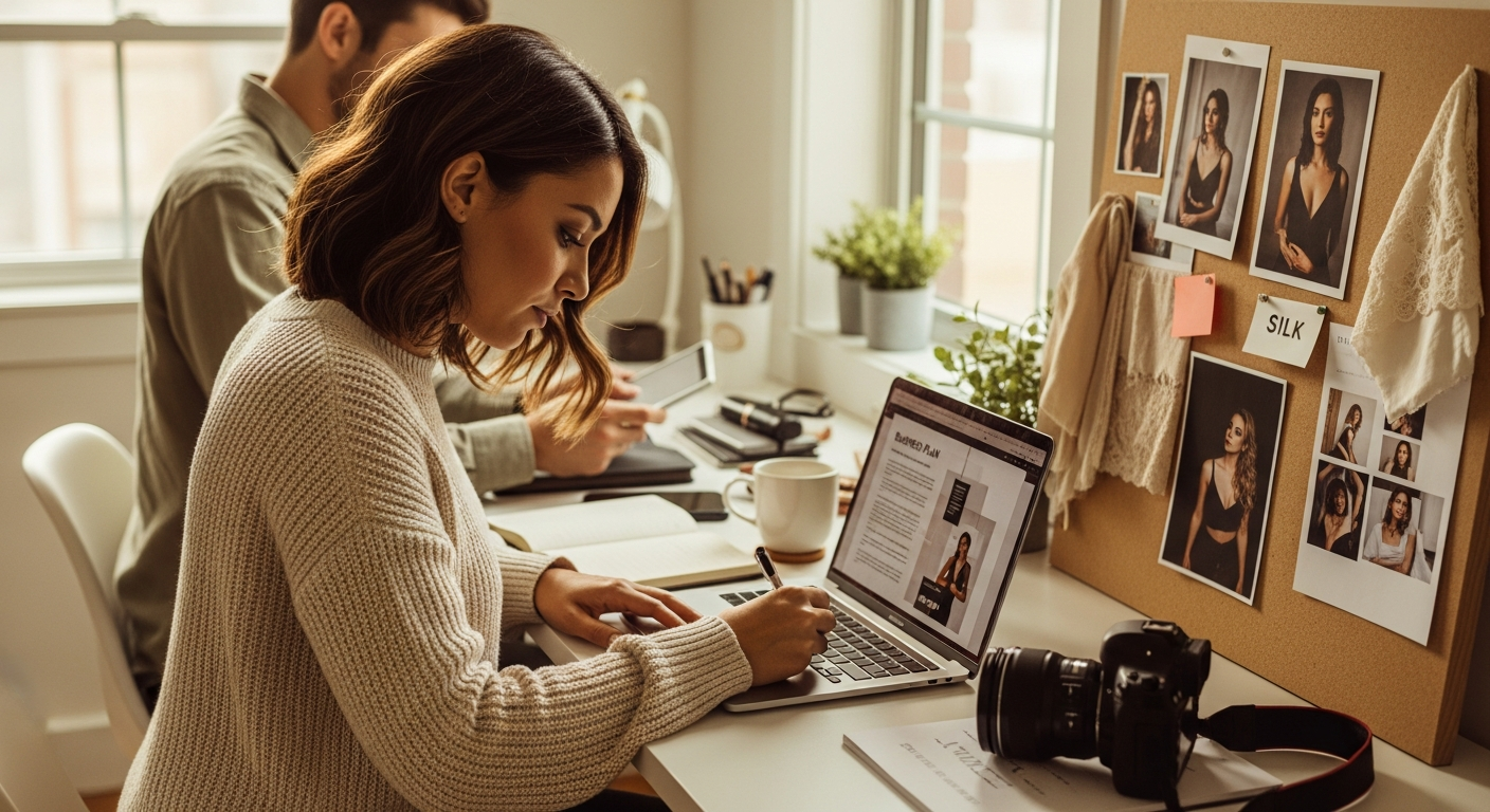 Boudoir photographer conducting client consultation in comfortable office setting