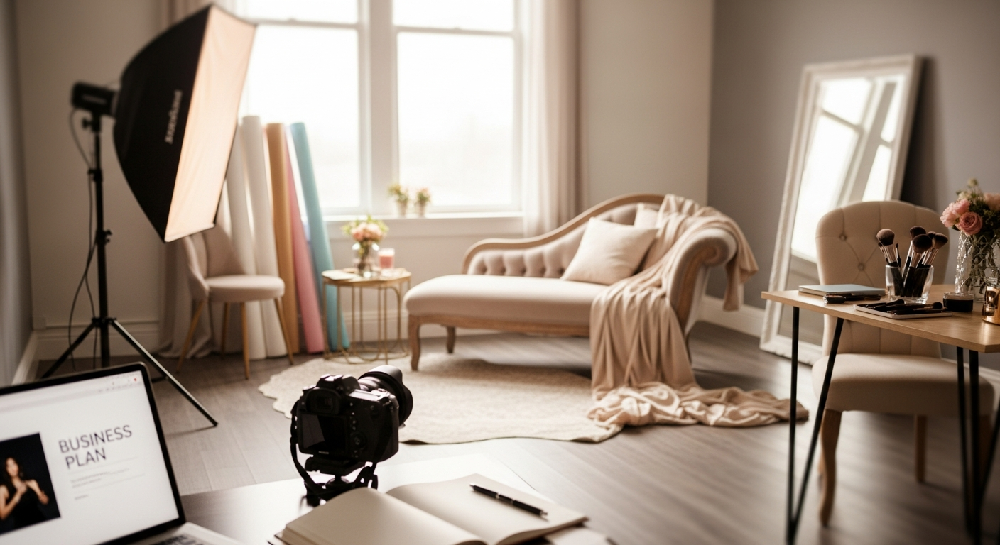 Professional boudoir photography studio setup with elegant lighting and comfortable seating area