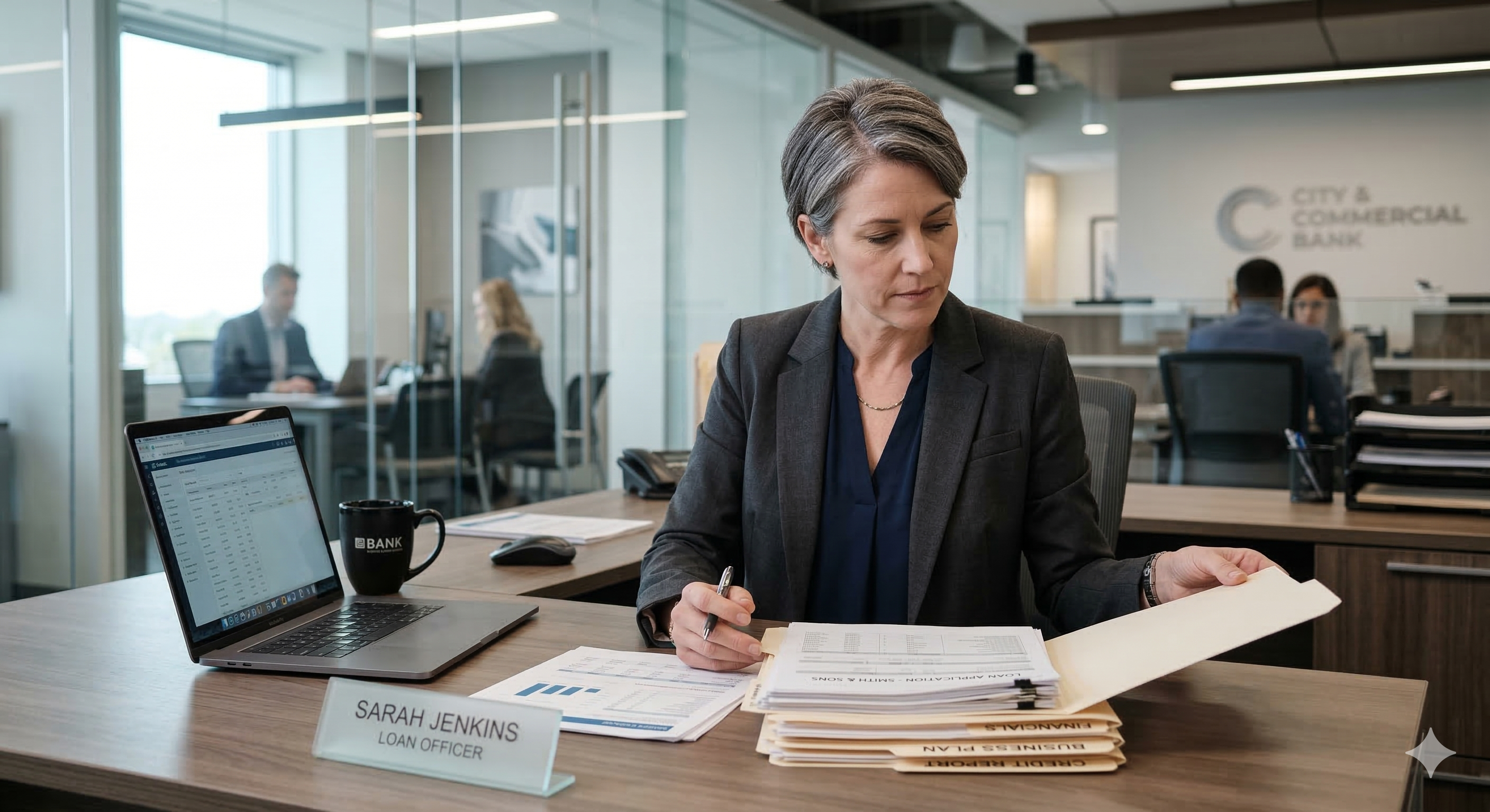 Loan officer reviewing business documents at a bank desk