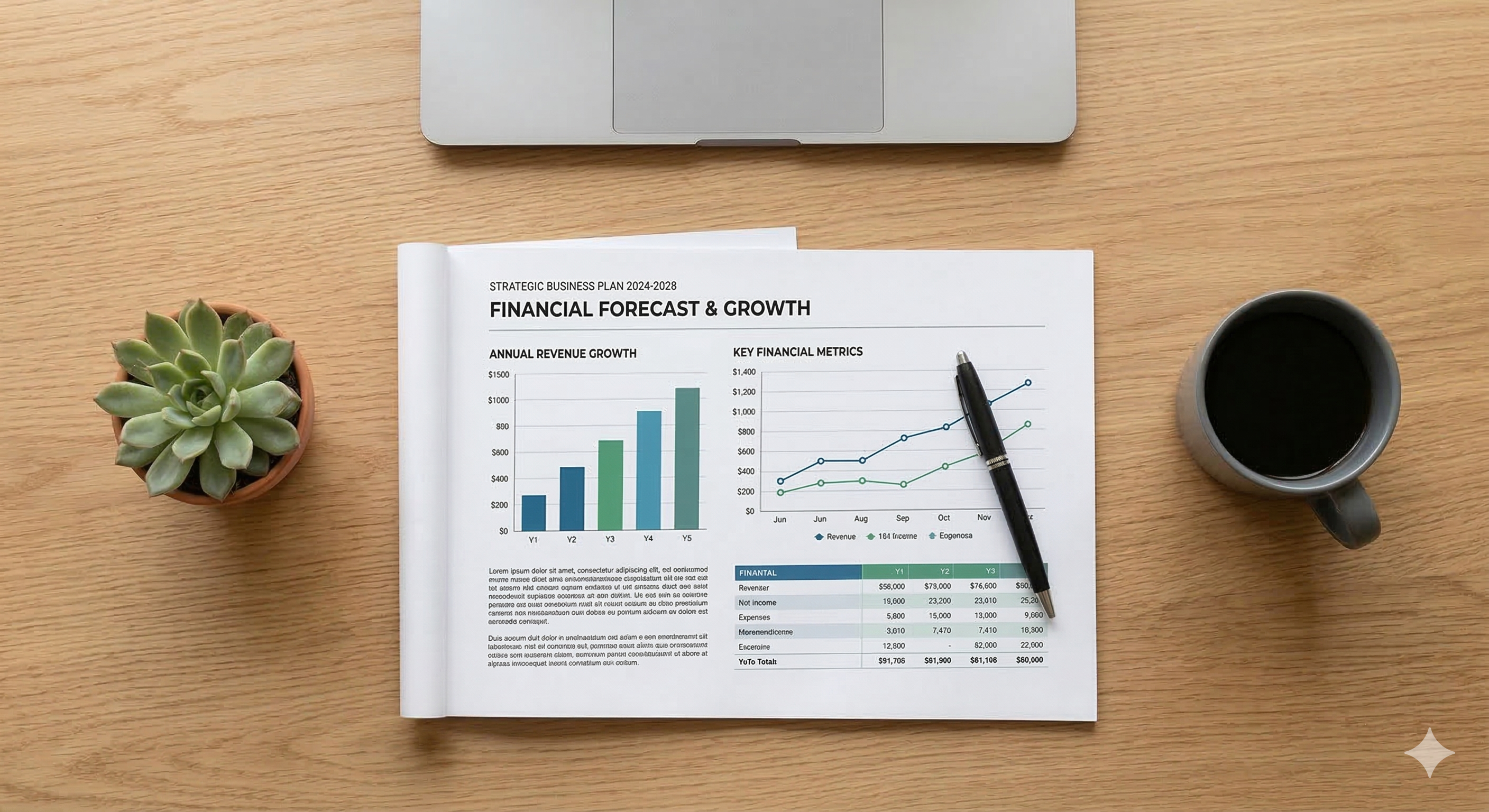Business plan document with financial charts on a modern desk