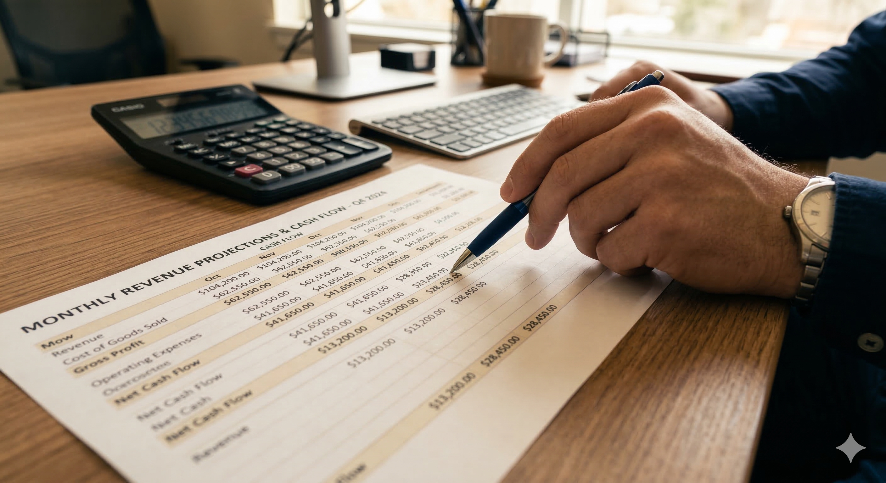 Financial spreadsheet with revenue projections on a desk