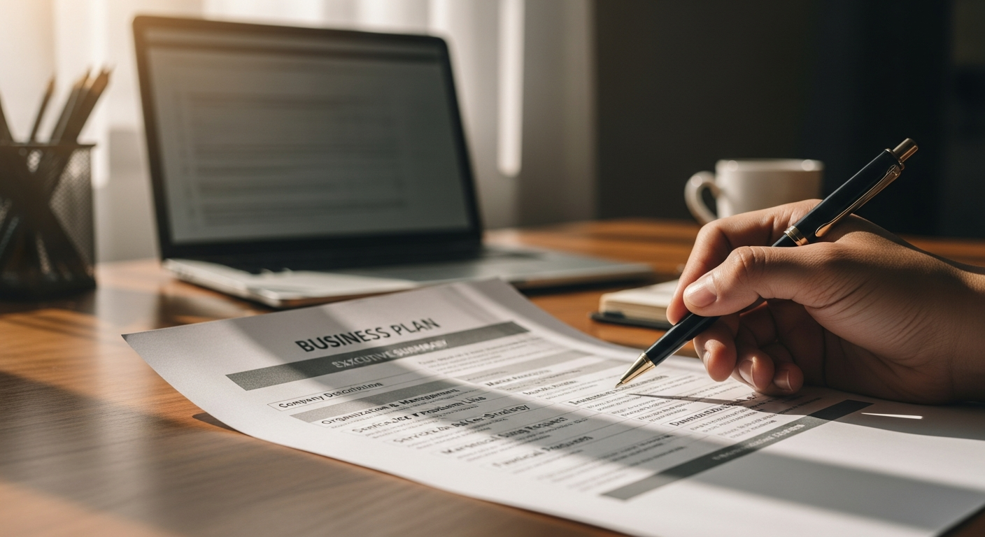 Sample business plan template layout with completed sections