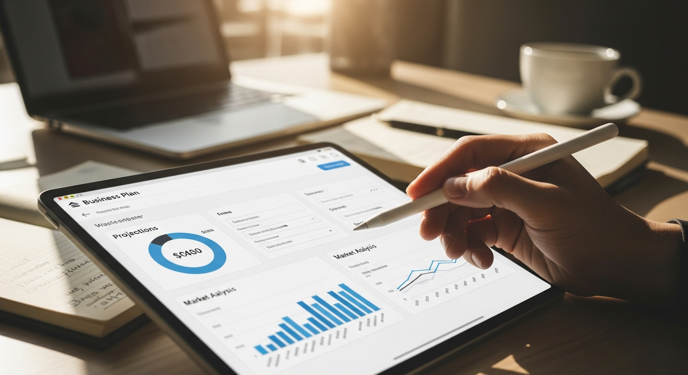 Screenshot of Bizplan's visual drag-and-drop interface with business plan modules