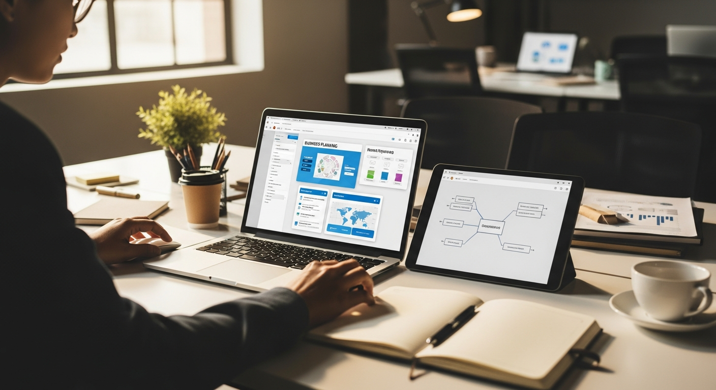 Comparison chart showing different business plan software interfaces and features