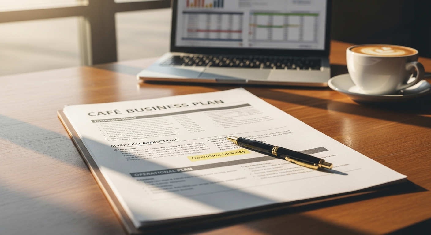 Cafe equipment layout showing espresso machine and startup cost breakdown for how to start a cafe