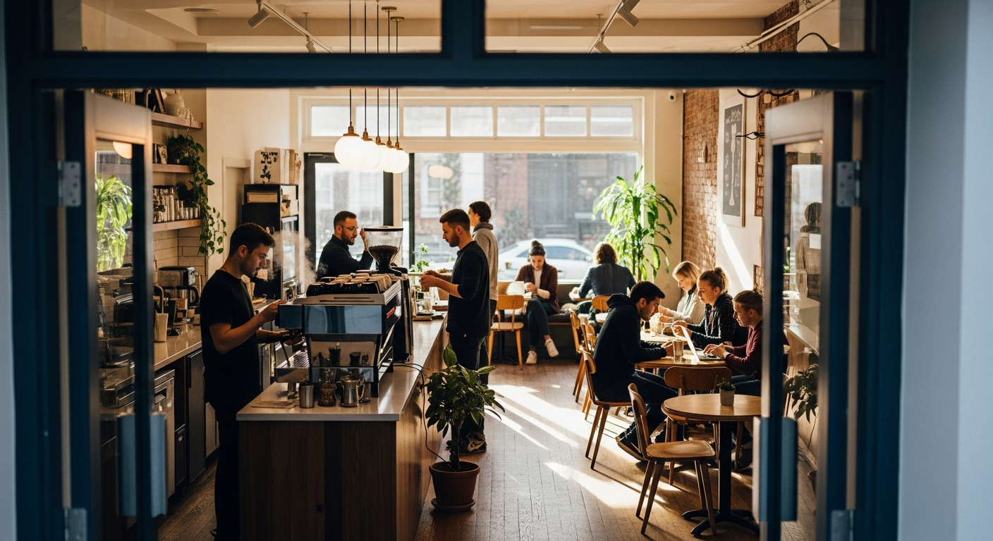 Coffee shop owner reviewing business plan and startup costs for how to start a cafe