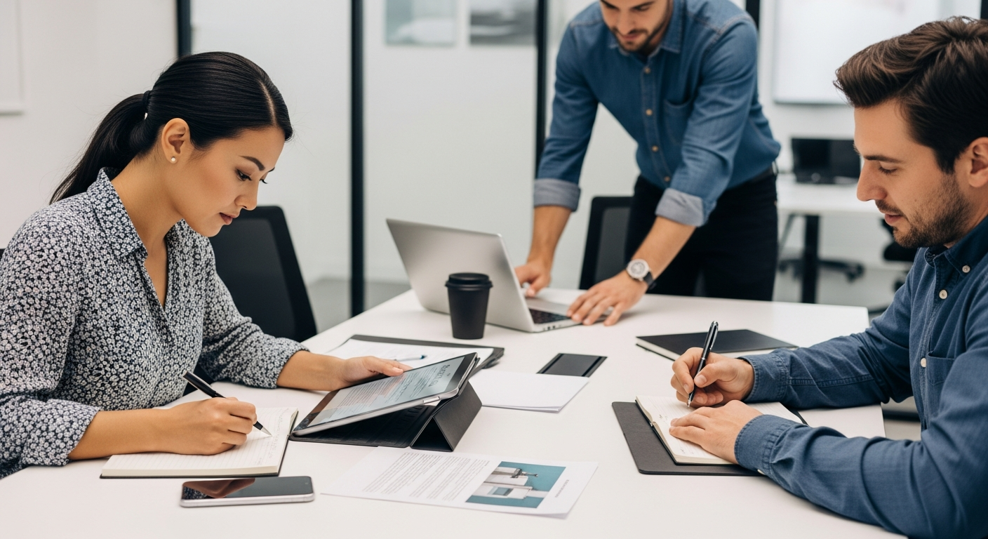 Professional cleaning team reviewing business plan and financial projections in office setting