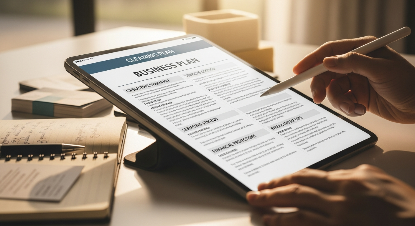 Cleaning business owner calculating insurance costs and startup expenses on laptop