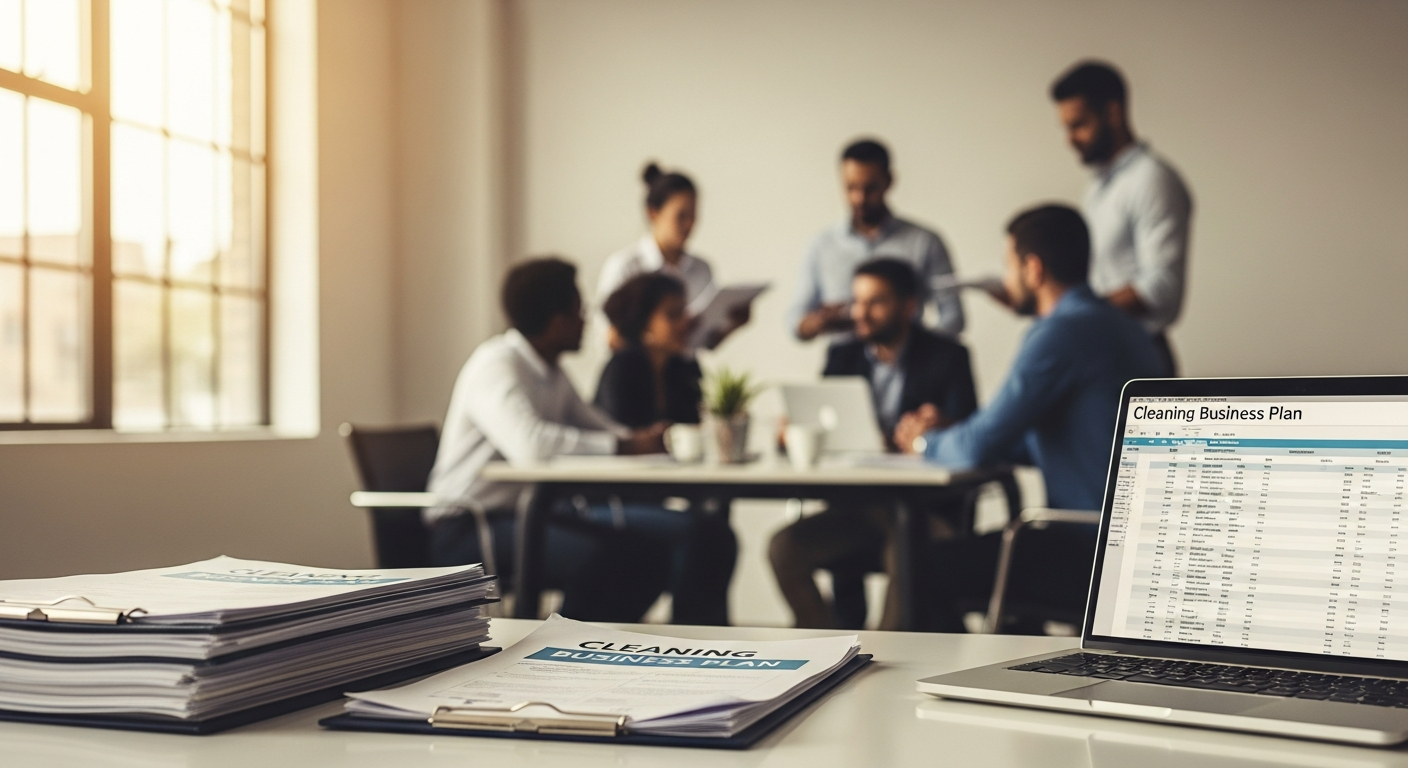 Person reviewing cleaning business plan with equipment and supplies in background