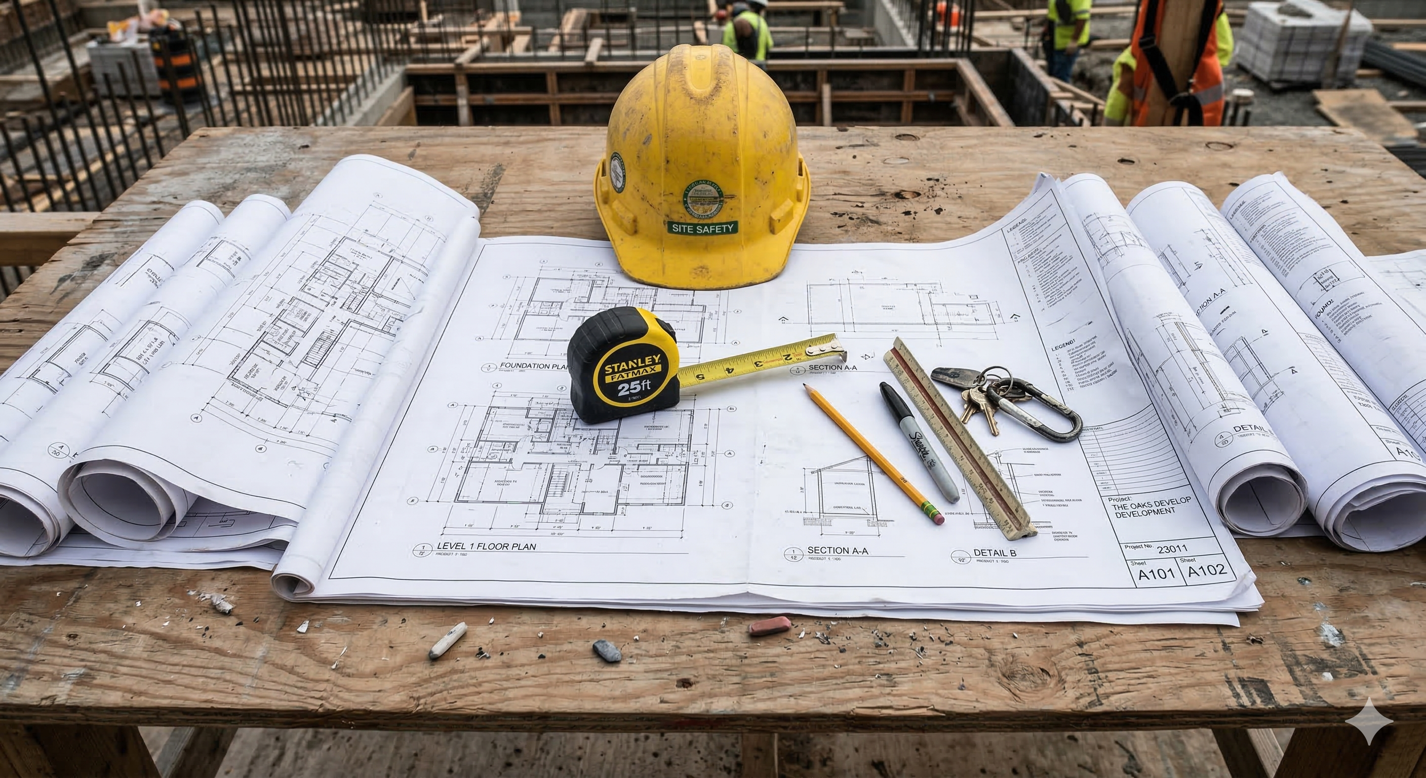 Construction blueprints and estimating materials on a desk