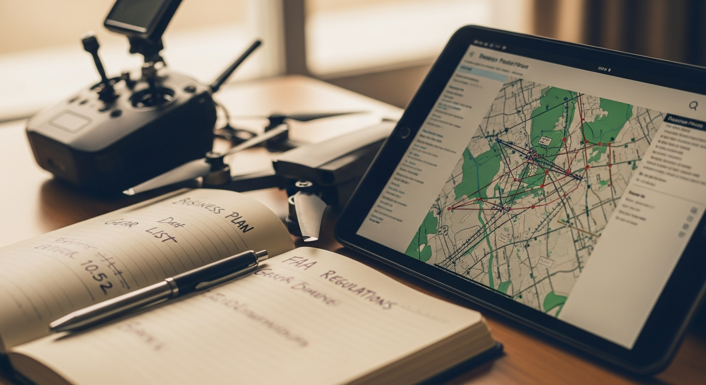 Drone photography equipment setup including professional camera drone, batteries, and accessories