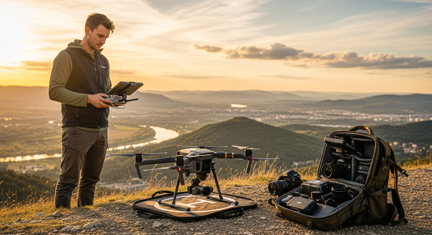 Professional drone operator conducting aerial photography shoot for real estate client