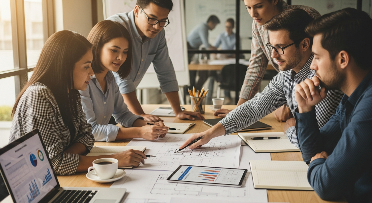 General contractor team meeting reviewing project plans and schedules