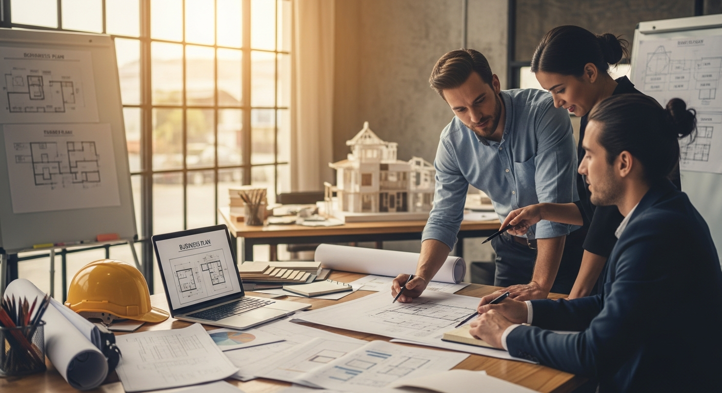 General contractor reviewing business plan documents at a construction site office