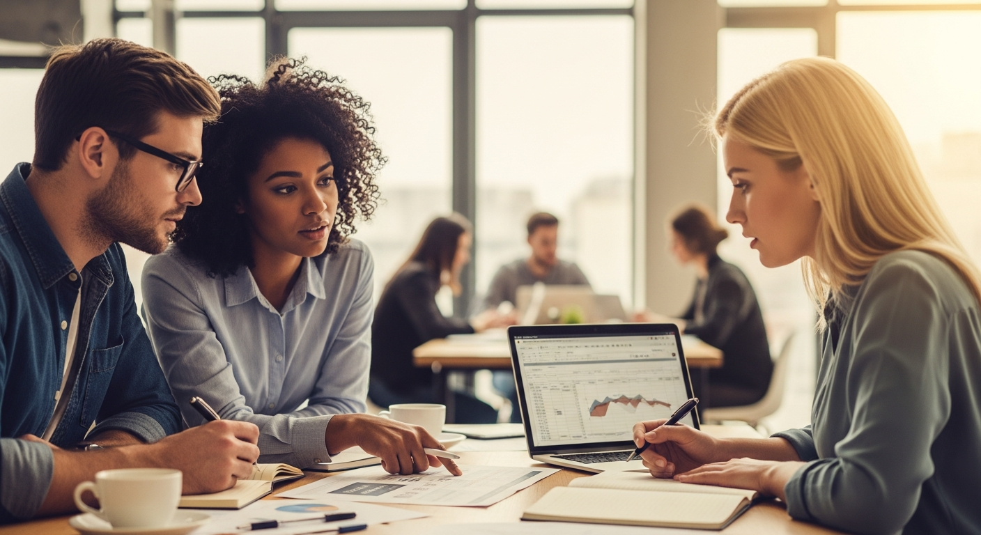 Business team developing financial projections and market analysis charts