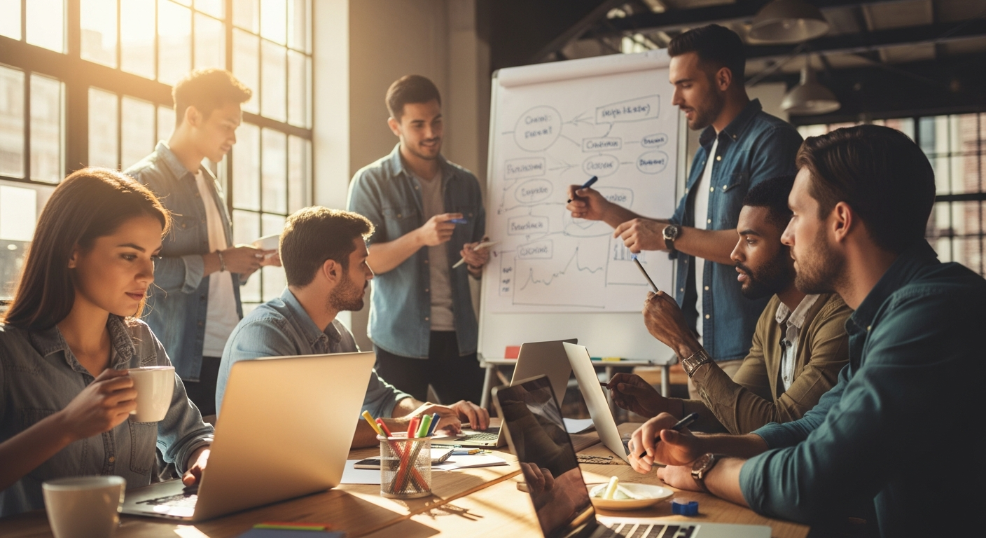 Entrepreneur planning a new business startup with documents and laptop on desk