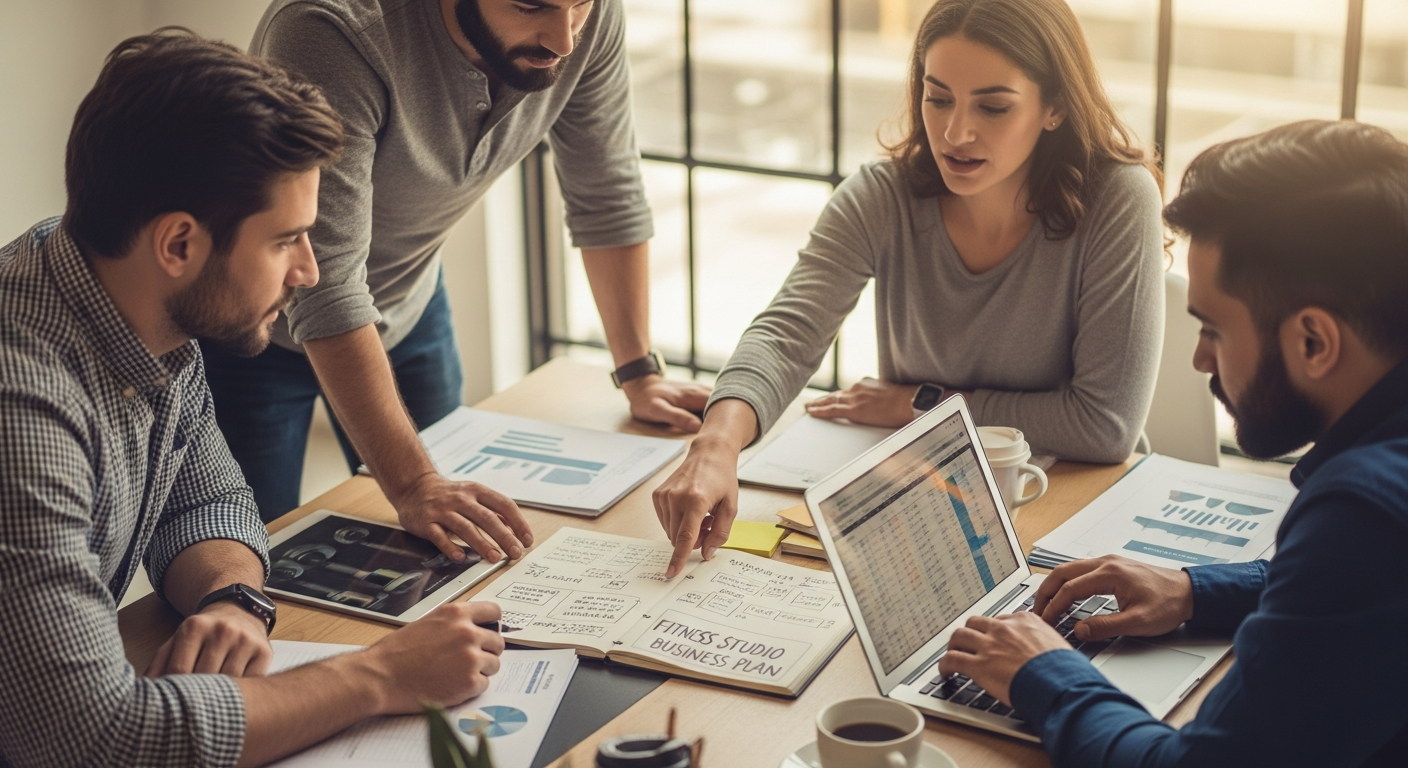Fitness studio owner conducting a group training session with clients using various equipment and showing proper form