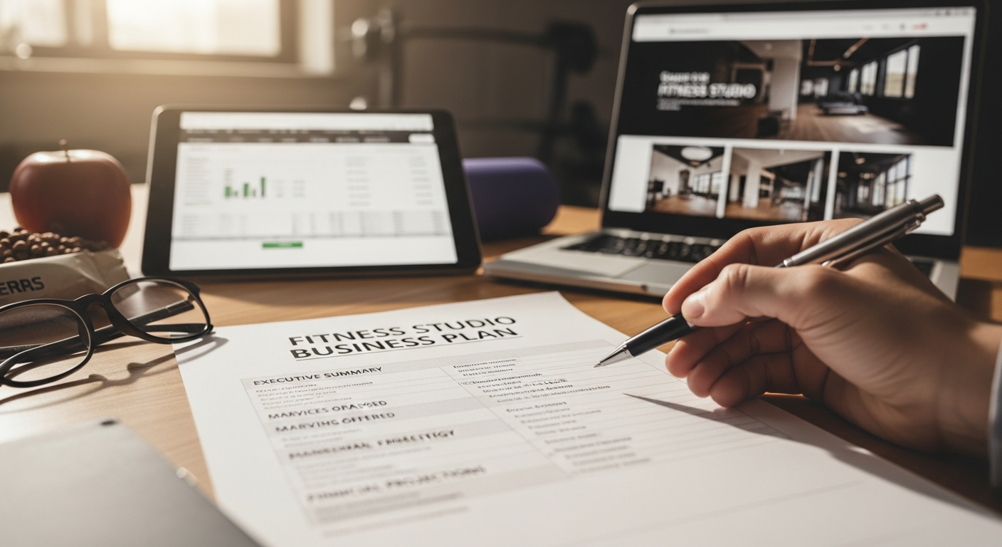 Modern fitness studio interior showing exercise equipment layout, reception area, and class space design