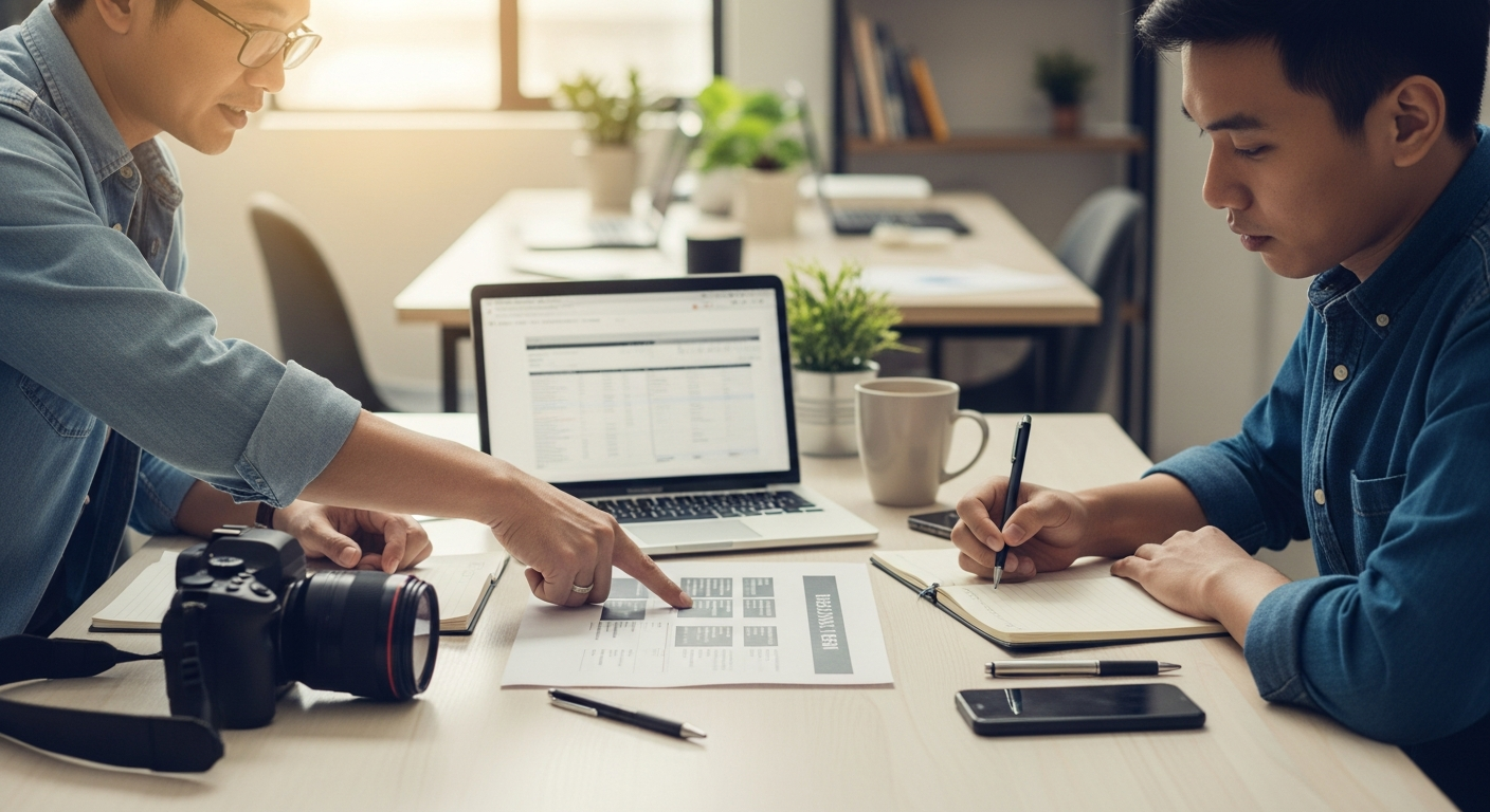 Photography business owner reviewing client contracts and business documentation