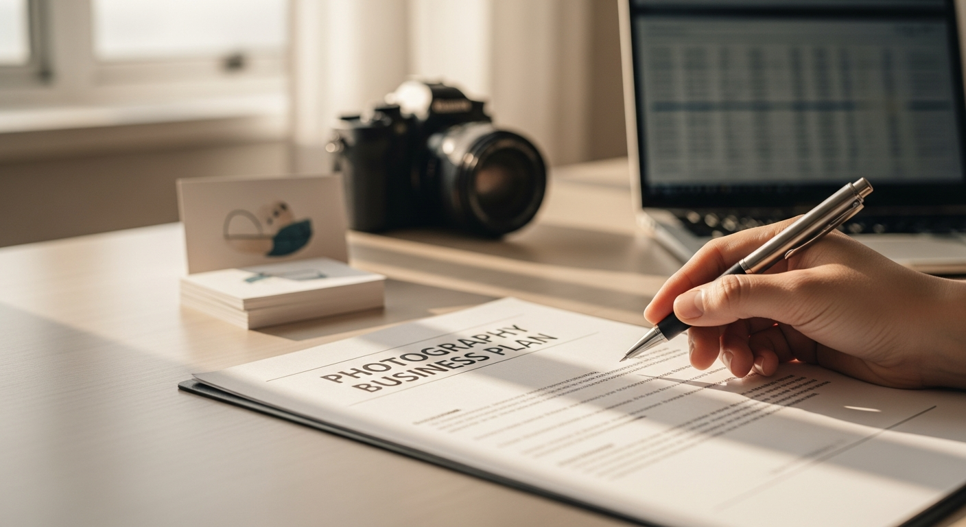Photography business owner calculating startup costs and equipment expenses