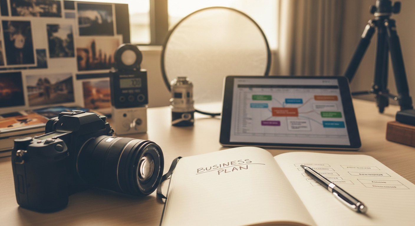 Professional photographer reviewing business plan while setting up camera equipment