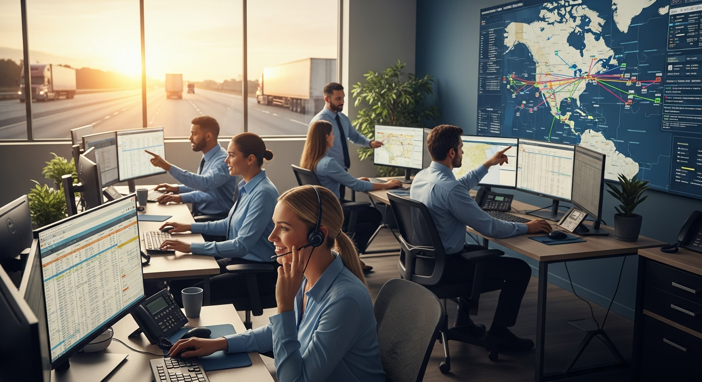 Trucking dispatch business setup showing computer, phone, and load board software for how to start a trucking dispatch business