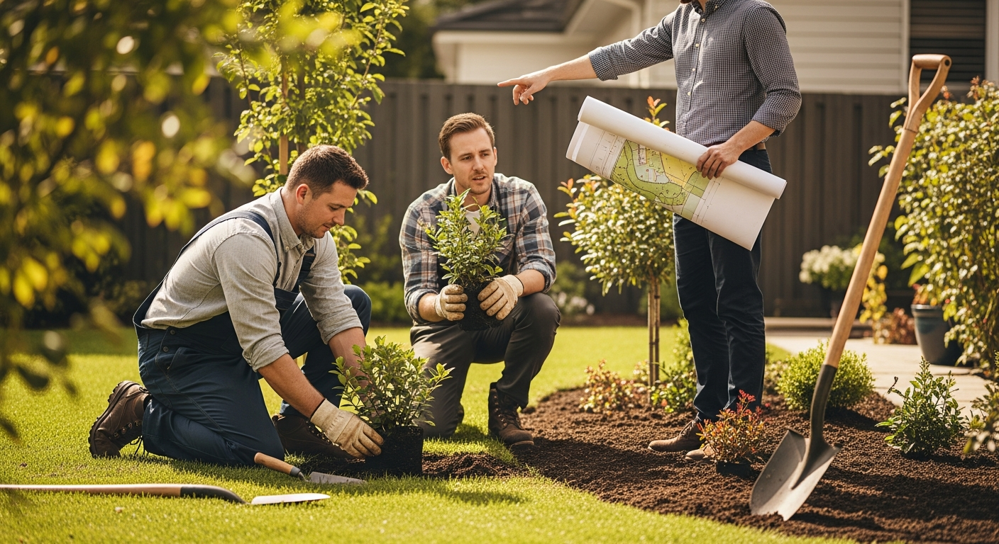 Landscaper providing maintenance service on residential lawn