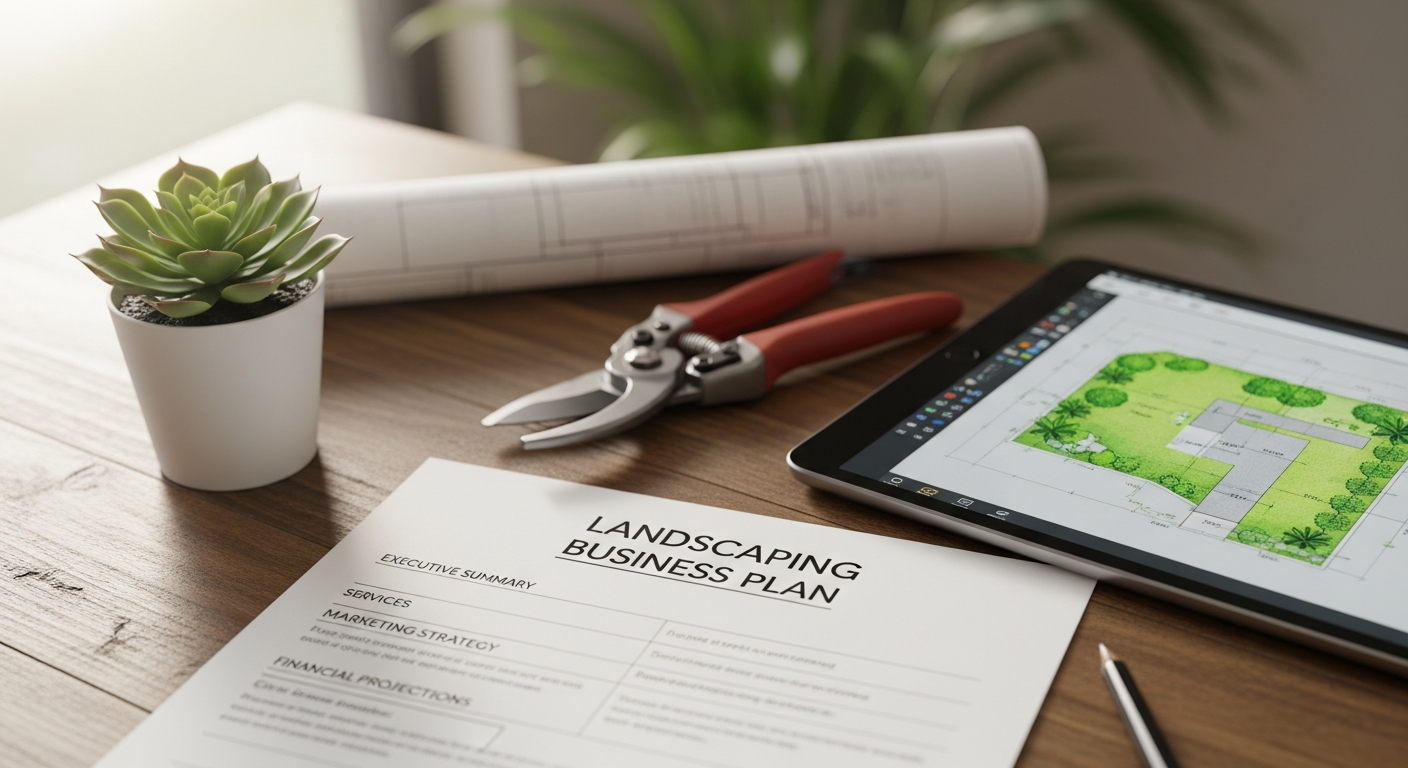 Professional landscaping truck and trailer with equipment