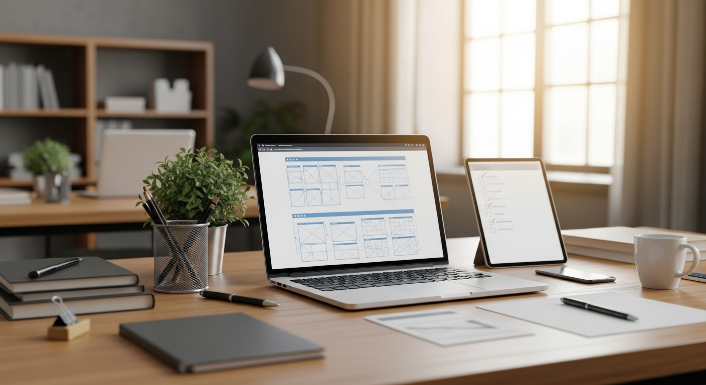 Website launch checklist with laptop showing final testing phase