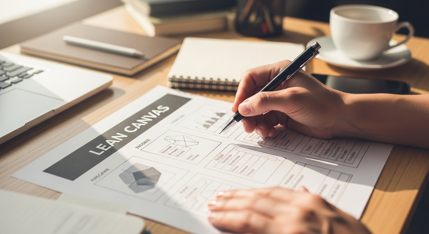 Startup founder working on a lean canvas at their desk with sticky notes and markers