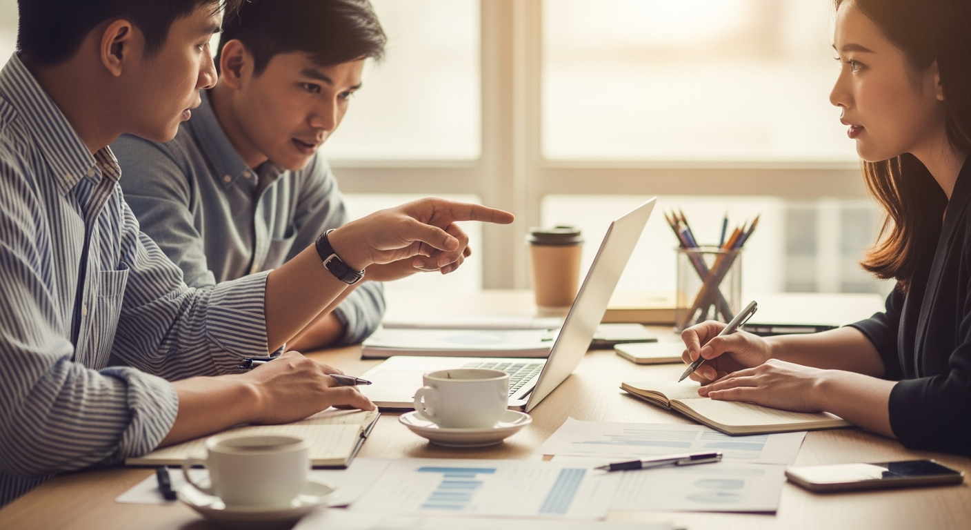 Nonprofit team meeting planning programs and reviewing mission statement documents