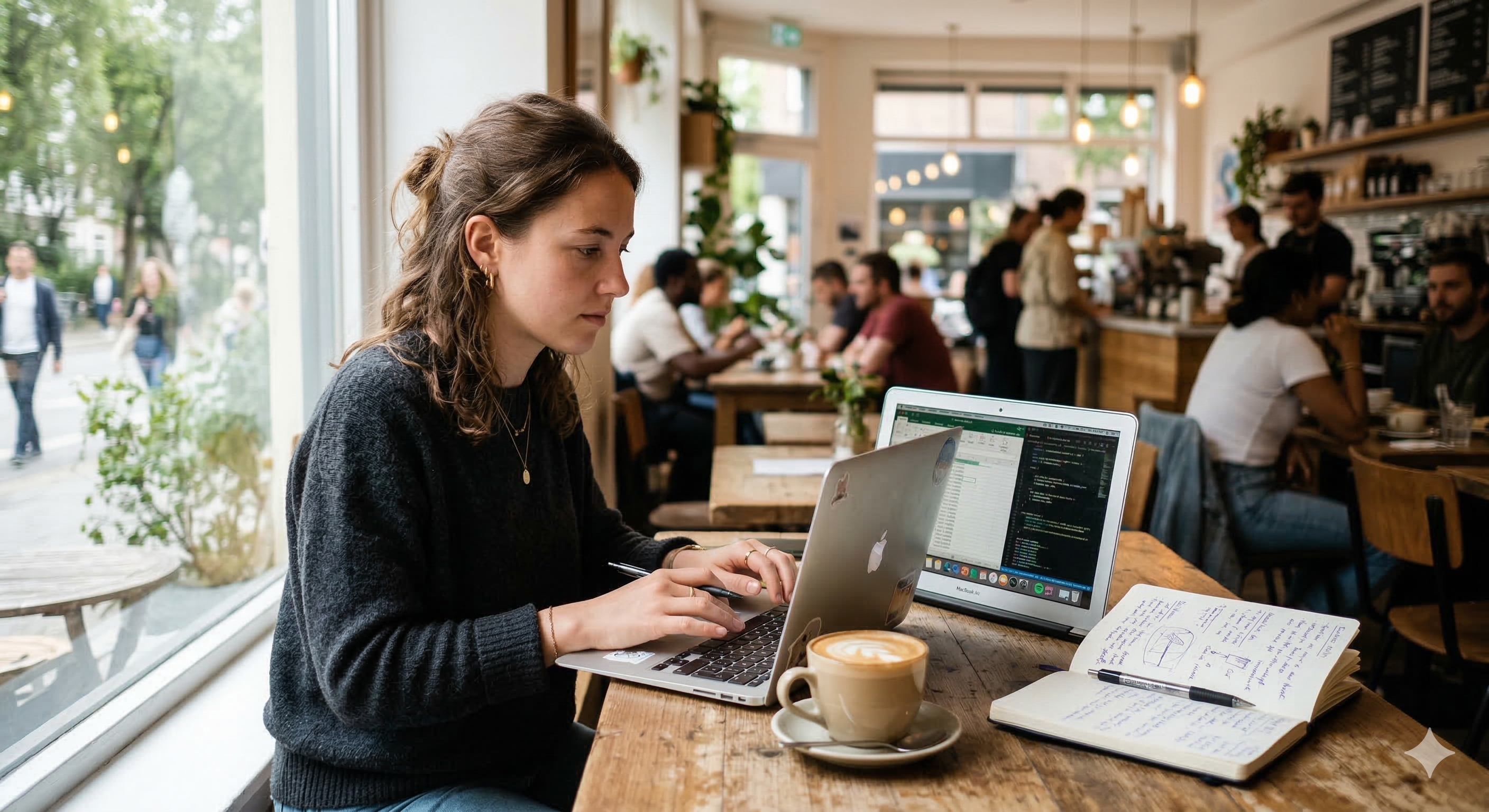 Entrepreneur working on a business idea from a coffee shop