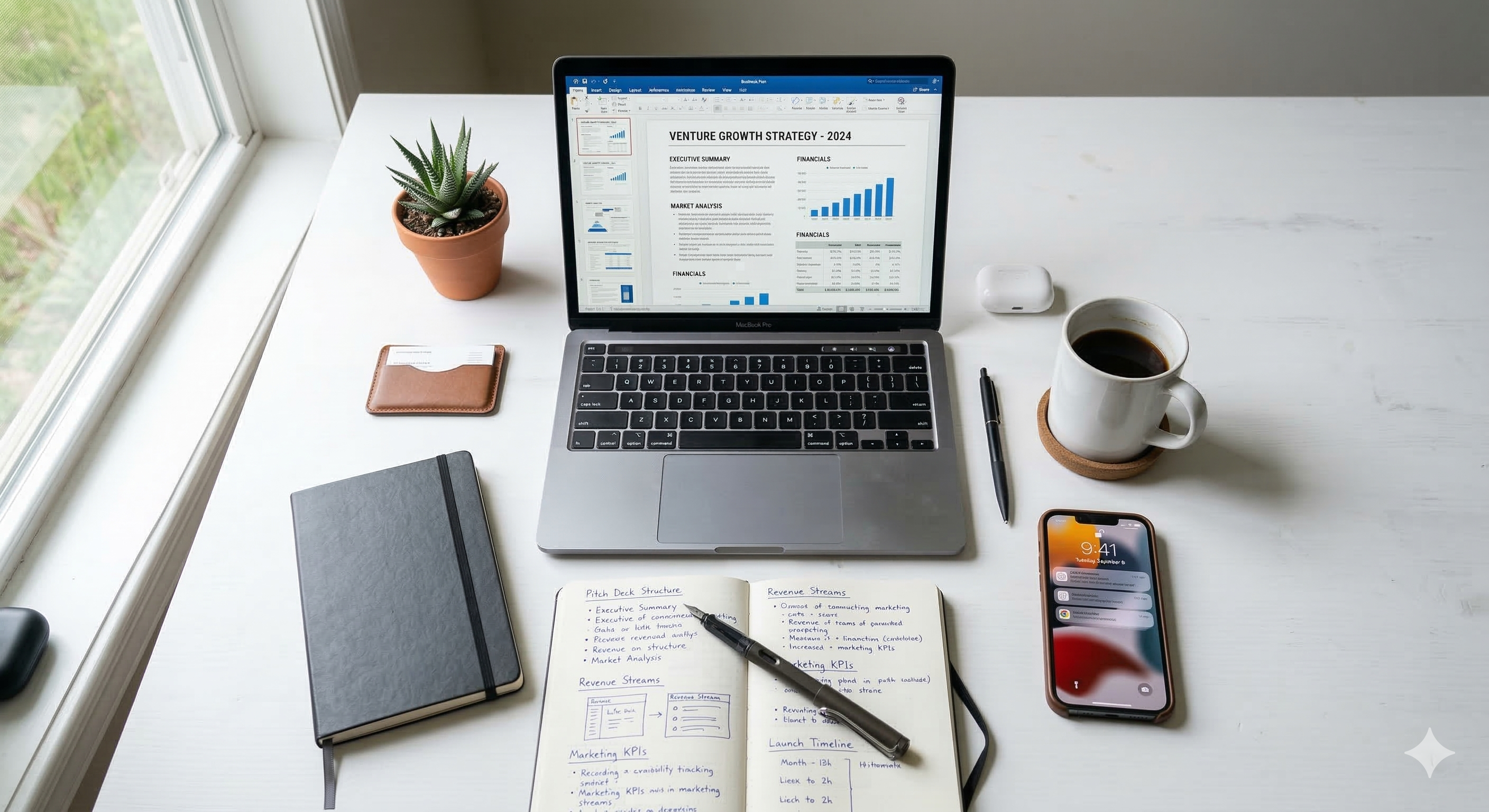 Entrepreneur workspace with laptop and notebook